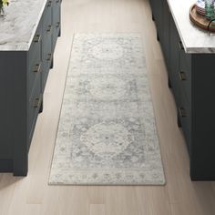 a large rug in the middle of a kitchen with blue cabinets and counter tops on both sides