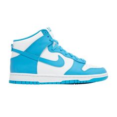 Find NIKE Dunk High 'laser Blue on Editorialist. The Nike Dunk High ‘Laser Blue’ accentuates the shoe’s classic lines with traditional color blocking that recalls the iconic ‘Be True to Your’ series from 1985. The leather upper pairs a crisp white base with contrasting overlays in a pastel blue shade. In addition to the signature Swoosh, branding elements take the form of a Nike logo on the tongue tag and sockliner. Underpinning the sneaker is a blue rubber outsole with a traction pattern similar to another 1985 silhouette, the Air Jordan 1. Cute Nike Shoes, Nike Dunk High, Dunk High, Cute Nikes, Swag Shoes, Black Accents, Nike Dunk, Pastel Blue, Air Jordan 1