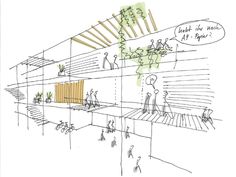 a drawing of people walking around an area with stairs and plants on the side of it