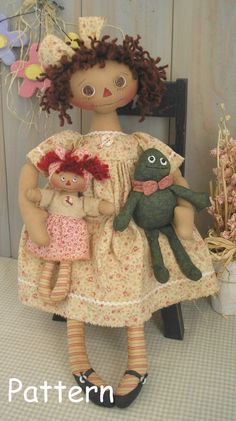 This pattern is in an E-pattern format. You will receive the pattern and instructions to make this adorable Annie (approx. 20), Frog and Dolly Raggy Dolls, Primitive Doll Patterns, Art Sewing, Raggedy Doll, Frog Crafts, Homemade Dolls, Raggedy Ann Doll, Folk Art Dolls, Ann Doll