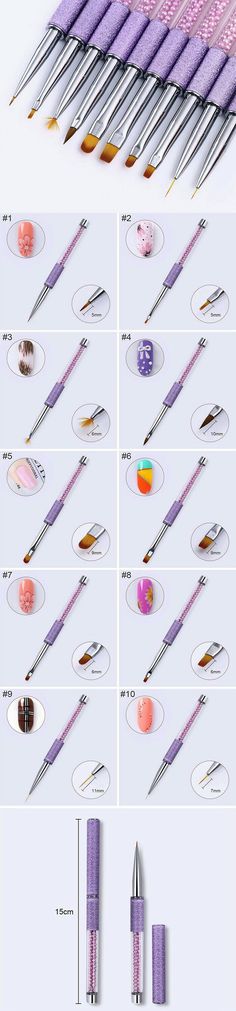 HERRAMIENTAS DISENOS UNAS Gradient Drawing, Nail Tutorial Videos, Nail Techniques, Diy Acrylic Nails, Nail Art Designs Diy, Nail Art Designs Videos, Nail Art Brushes, Purple Rhinestone, Nail Art Supplies