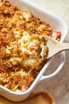 a casserole dish filled with macaroni and cheese