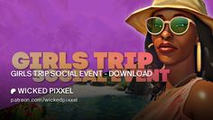 a woman wearing sunglasses and a hat with the words girls trip souvent on it