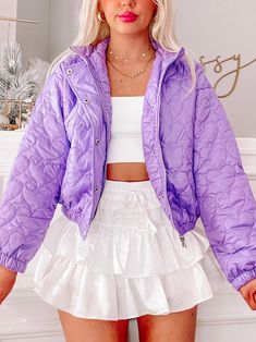 Puffin Pink Jacket | sassyshortcake.com | Sassy Shortcake Boutique Heart Puffer Jacket, Quilted Jacket Outfit, Preppy Jacket, Preppy Girl Outfits, Puffer Jacket Outfit, Cute Clothing Stores, Purple Jacket, Purple Girls, Preppy Girl