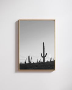 a black and white photo of a cactus in front of a gray sky with clouds