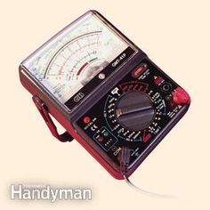 an analog multimeter on a white background with the words handyman written below it