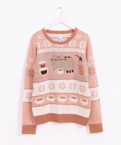 Click to see size chart. Time for a coffee break! This Pusheen Shop Exclusive Knit Sweater will keep you pawsitively cozy all winter long, or is the perfect gift for all Coffee Lovers! Knit Sweater features Pusheen enjoying a cup of coffee & surrounded by coffee-making essentials. Snowflake and coffee cup patterns wrap around front and back of sweater. Unisex fit and sizing. Model is wearing size Medium/Large. Content: 100% Acrylic. Imported. Care: Hand wash cold. Lay flat to dry or professional Pusheen Shop, Oc Clothes, Coffee Making, Sweater Cute, Stationery Craft, A Cup Of Coffee, Buy Buy, Unisex Accessories, Sweater Sale