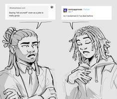 two people with dreadlocks talking to each other and one has an angry look on his face