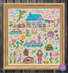 a cross stitch pattern with flowers and houses