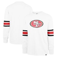 Show your San Francisco 49ers pride in style with this '47 Gridiron Premier Brex Long Sleeve T-Shirt. The sewn-on sleeve stripes in team colors add a bold touch to this classic long sleeve tee. Made from Franklin jersey fabric, this shirt offers a soft and comfortable feel, making it perfect for everyday wear. Throwback Relaxed Fit Tops For Game Day, Relaxed Fit Throwback Tops For Game Day, Throwback Long Sleeve Tops With Team Logo, White Long Sleeve Throwback T-shirt, Throwback Long Sleeve Tops For Game Day, 47 Brand, San Francisco 49ers, Team Colors, Long Sleeve Tee