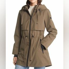 New Without Tags, Sam Edelman Water Repellent Front Zip Jacket, Large Size. Color: Brown [Olive] Product Details Get Lightweight Protection From The Elements In This Water-Repellent Jacket Cinched With An Adjustable Drawcord Waist. Measurements: - Shoulder: 17.5" - Underarm: 22.5" - Waist: 22" - Length: Front-31"/Back-32" Weatherproof Gray Outerwear For Fall, Gray Weatherproof Outerwear For Fall, Weatherproof Utility Outerwear For Work, Utility Weatherproof Outerwear For Work, Weatherproof Outerwear For Workwear In Fall, Fall Weatherproof Outerwear For Work, Waterproof Trench Coat, Tan Trench Coat, Water Repellent Jacket