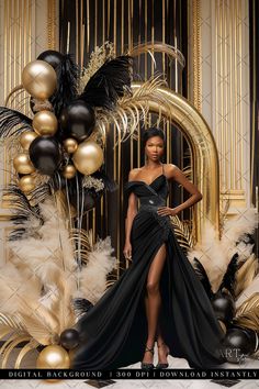 a woman in a black dress standing next to a gold and black backdrop with balloons