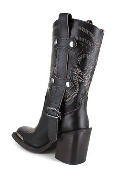 A snipped toe boasting a gleaming hardware plate refreshes the classically Western design of a water-resistant cowboy boot detailed with bold topstitching and buckled side straps. 3 1/2" heel; 1" platform 12 1/2" shaft; 11 1/2" calf circumference. Narrow calf Pull-on style Leather upper, lining and sole Made in Italy Western Style Moto Boots Ankle Cut Medium Width, Western Closed Toe Boots For Western-themed Events, Western Style Closed Toe Boots For Western-themed Events, Western Heeled Boots With Stacked Heel, Rodeo Boots With Reinforced Heel And Medium Width, Western Ankle Boots With Heel Pull Tab, Western Closed Toe Boots For Ranch, Western Style Closed Toe Heeled Boots With Reinforced Heel, Rodeo Moto Boots With Reinforced Snip Toe