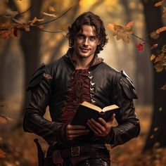 a man dressed in medieval clothing holding a book while standing in front of trees with leaves