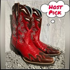 Red Hot! Show Off Your Smokin' Style In These Gorgeous, Full-Grain Leather Cowgirl Boots From Ariat. The Wichita Mesas Feature A Fiery Wing-Tip Design On The Toe And Collar, Laser-Cut Designs At The Top Pull-Tabs, And Intricate, 4-Color Embroidery Along The Sides. Crackled Teal Fabric Lining Adds Rich Texture And Breathability, While Padded Insoles Keep Feet Comfy Hour After Hour. Duratread Outsoles Offer Durability And Just The Right Amount Of Flex, And Ariat's Advanced Torque Stability Technol Red Leather Lace-up Boots, Red Lace-up Leather Boots, Medium Width Closed Toe Red Boots, Red Medium Width Closed Toe Boots, Red Medium Width Boots, Red Snip Toe Boots With Reinforced Heel, Red Boots With Reinforced Snip Toe, Red Snip Toe Boots With Leather Sole, Red Snip Toe Boots For Western-themed Events