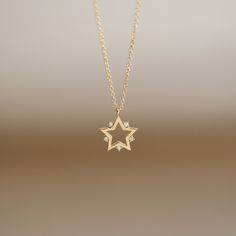 Diamond Star Charm Pendant Necklace, Celestial Star Of David Necklace With Star Charm, Diamond Star Charm Necklace, Diamond Star Charm Necklace In Celestial Style, Gold Star-shaped Diamond Necklace Gift, Fine Jewelry Star Charm Pendant Necklace, Celestial Diamond Necklace With Star Charm, Celestial Diamond Star Charm Necklace, Celestial Star-shaped Jewelry With Diamond Accents