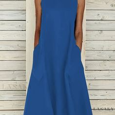 Lasaky - Sophisticated Sleeveless Midi Dress with Functional Pockets, Versatile and Elegant Womens Apparel Womens Apparel, Sleeveless Midi Dress, Pocket Pattern, Midi Dress Sleeveless, Polyester Material, Types Of Printing, Knit Fabric, Royal Blue, Sleeveless Dress