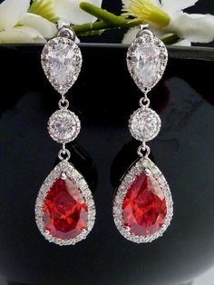 Wedding Bridal Earring LARGE Halo Red Peardrop Cubic Zirconia with Round CZ White Gold Plated  CZ Po Luxury Red Kundan Bridal Earrings, Red Drop Jewelry With Matching Earrings, Red Drop Jewelry For Anniversary, Red Pear-shaped Earrings For Formal Occasions, Formal Red Pear-shaped Earrings, Red Teardrop Earrings For Formal Occasions, Elegant Red Teardrop Bridal Earrings, Red Pear-shaped Wedding Earrings, Red Ruby Pear-shaped Earrings