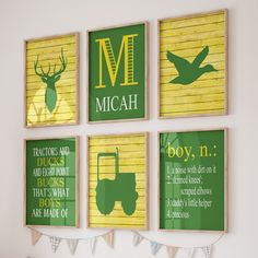 four green and yellow nursery wall art pieces