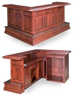 two views of a kitchen island with an open cabinet door and one closed drawer on the side