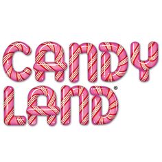 the words candy land are made up of candy canes in pink and white colors