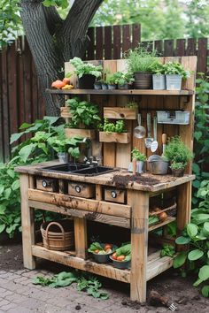 Rustic outdoor potting bench with fresh herbs, vegetables, and gardening tools, surrounded by lush greenery in a backyard garden. Outdoor Mud Kitchens For Kids, Kitchen Backyard Ideas, Mud Kitchen For Kids Diy, Mud Kitchen Food, Mud Kitchen Plans, Backyard Kids Ideas, Mud Activities, Pallet Mud Kitchen, Water Activities For Toddlers