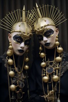 two people wearing gold and black masks with spikes on their heads are standing next to each other