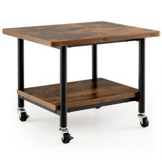 a wooden table with two black wheels on each side and an open shelf underneath it