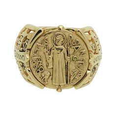 "Solid 14k Gold Handmade Christian Roman Catholic Saint Benedict style men's ring. Christians used St. Benedict symbol (medal) due to the belief in its power against evil \"devil-chasing medal\" Original unique design with beautiful details and amazing art work Rare piece, top quality, best craftsmanship, handmade Excellent new condition, very heavy, stamped 14K, 585 Intricately detailed lines and antique, rustic finish all around 18-19 grams pure 14K gold Top dimensions 20 mm. Top of ring featu Symbolic Yellow Gold Signet Ring For Commemoration, Symbolic 14k Stamped Signet Ring Collectible, Symbolic Signet Ring For Commemoration, Gold Symbolic Signet Ring For Commemoration, Gold Mens Ring, Yellow Gold Mens Rings, Catholic Saint, St Benedict, Saint Benedict