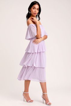 Lulus Exclusive! Land yourself on the best-dressed list with the help of the Lulus Gala Ready Lavender Off-the-Shoulder Ruffle Midi Dress! This charming Georgette midi dress is a surefire statement maker with its elasticized off-the-shoulder neckline, shift-style bodice, and quad-tiered ruffles that cascade down to the modest midi hem. Lavender Linen Dress, Lavendar Dress Outfit, Lavender Wedding Guest Dress, Wedding Guest Dress Purple, Lavender Midi Dress, Purple Ruffle Dress, Purple Outfit, Spring Wedding Guest Dress, Best Wedding Guest Dresses