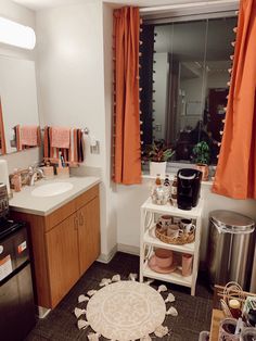 a bathroom with a sink, mirror and other items