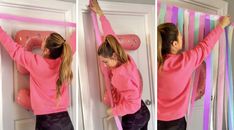 a woman in pink shirt doing exercises on the wall