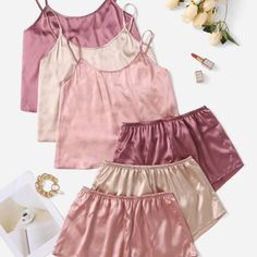 Four Pack Satin Pajama Set Satin Pajamas Shorts, Cute Pj Sets, Satin Pjs, Silky Pajamas, Satin Pj Set, Pyjama Satin, Cute Pajama Sets, Silk Pajama Set, Cute Pajamas