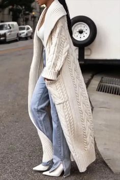 Lazy Long Sleeve Large Lapel Solid Color Pocket Twist Knit Maxi Cardigan Spoon Outfits, Vinter Mode Outfits, Outfit Chic, Maxi Cardigan, Winter Chic, Cable Knit Cardigan, Chic Outfit, 가을 패션, Mode Inspiration