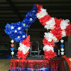 red, white and blue decorations are on display