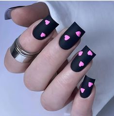 24 Count Press On Nails Square Shaped Matte Black With Pink Hearts Comes With Jelly Glue And Nail File New Valentines Nail Art Designs, Nail Shapes Square, Deep Red Nails, Valentine Nail Art, Heart Nail Art, Nail Designs Valentines, Heart Nail, Nail Forms, Winter Nail Art