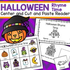 halloween themed center and cut and paste reader for children to practice their writing skills with