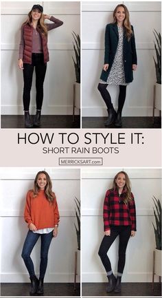 Short Black Rain Boots Outfit Winter, How To Style Chelsea Rain Boots, What To Wear With Rain Boots Outfits, Rain Boot Work Outfit, Fall Black Boots Ankle Outfits, Trendy Outfits With Boots, How To Style Hunter Chelsea Boots, Black Chelsea Boots Outfit Leggings, How To Wear Rain Boots With Jeans