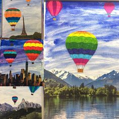 several pictures of hot air balloons in the sky over a lake and mountains with snow on them