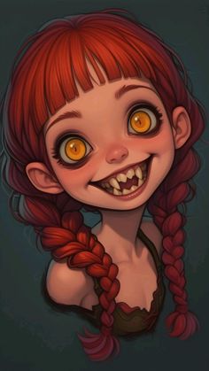 a cartoon girl with orange eyes and braids on her head is smiling at the camera