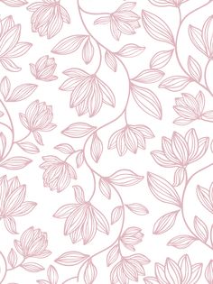 a white and pink floral wallpaper with lots of leaves on the bottom half of it