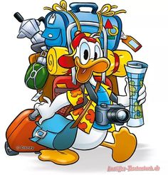 a cartoon duck with lots of school supplies on it's back and backpack in the background