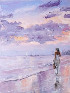 a painting of a woman walking on the beach