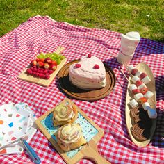 a picnic table with cakes, fruit and marshmallows on it in the grass