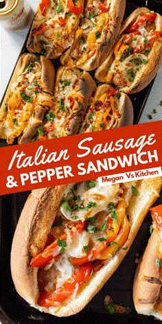 italian sausage and pepper sandwich with mozzarella cheese on the side in a pan