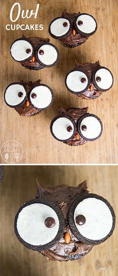 an owl cupcake is decorated with chocolate frosting and eyes that look like owls