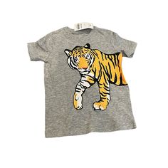 Nwt Carters Grey Tiger T-Shirt, Size 24 Months Unisex 100% Cotton Orange Cotton Tops With Cartoon Print, Orange Cotton Top With Cartoon Print, Yellow Letter Print Tops For Playtime, Playful Orange Tops For Playtime, Playful Orange Crew Neck Top, Playful Orange Tops For Playwear, Orange Summer Playwear Tops, Orange Summer Tops For Playwear, Playful Orange Graphic Print Tops