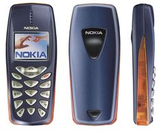 an old nokia cell phone is shown with the logo on its display screen, and it appears to be blue