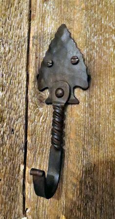 an old rusty door handle on a wooden door