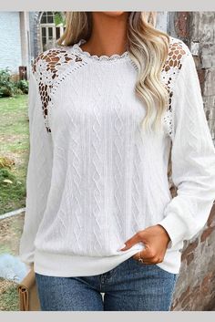 Lace White Round Neck Long Sleeve Sweatshirt White Lace Long Sleeve, Chic Sweatshirt, Chic Blouses, Lovely Tops, Lace Long Sleeve, Round Neck Sweatshirts, Long Sleeve Sweatshirt, Fashion Essentials, White Sweatshirt